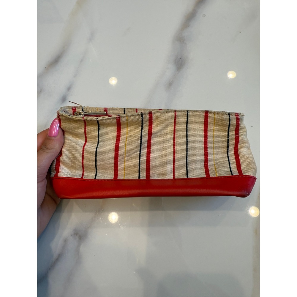 Elizabeth Arden Striped Canvas Cosmetic Bag Red Cream Makeup Pouch